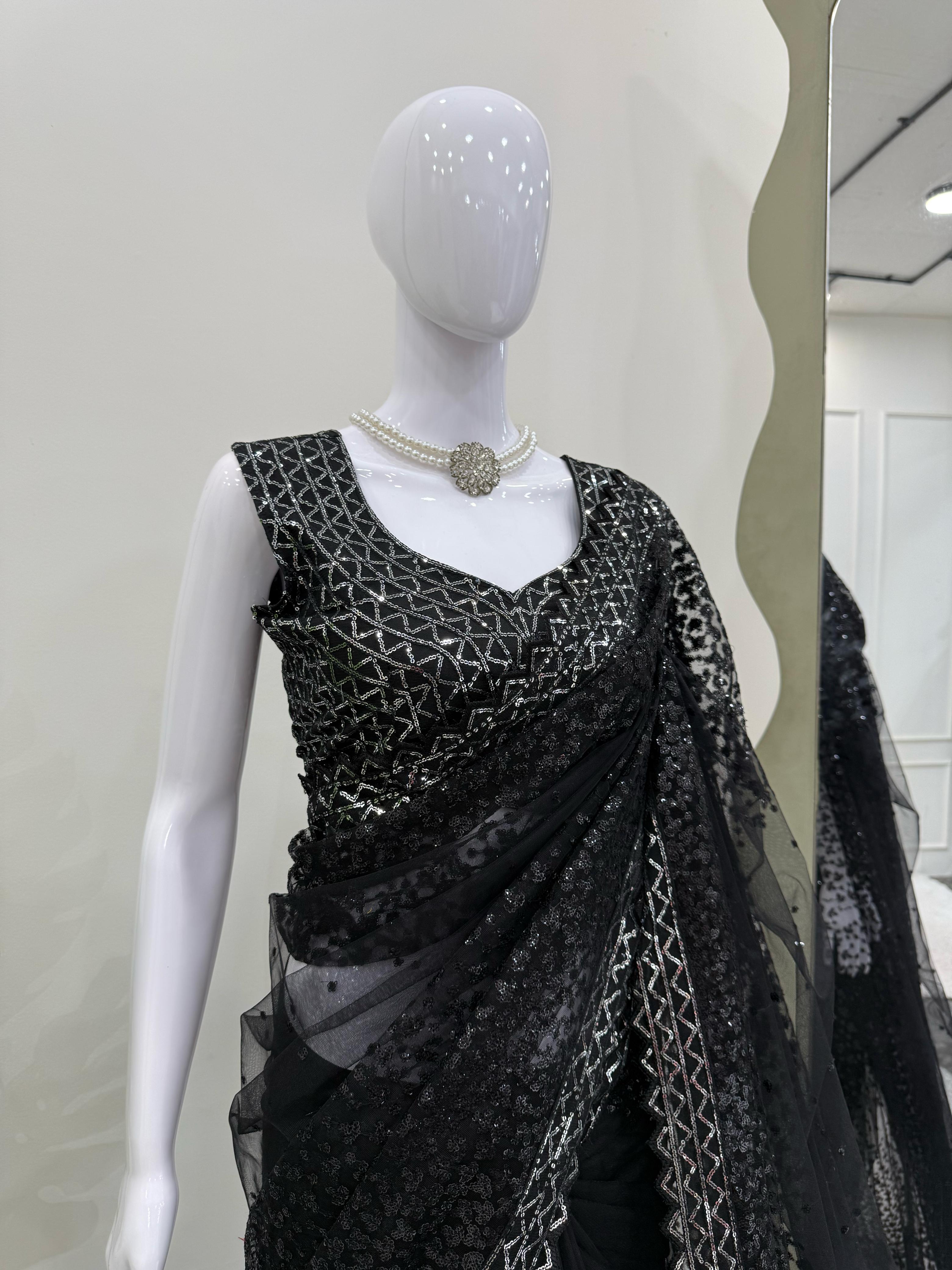 Party Wear Black Color Soft Net Saree For Girls