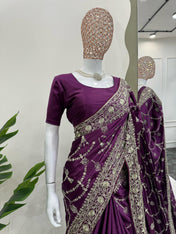 Party Wear Purple Color Japan Satin Silk Saree For Girls