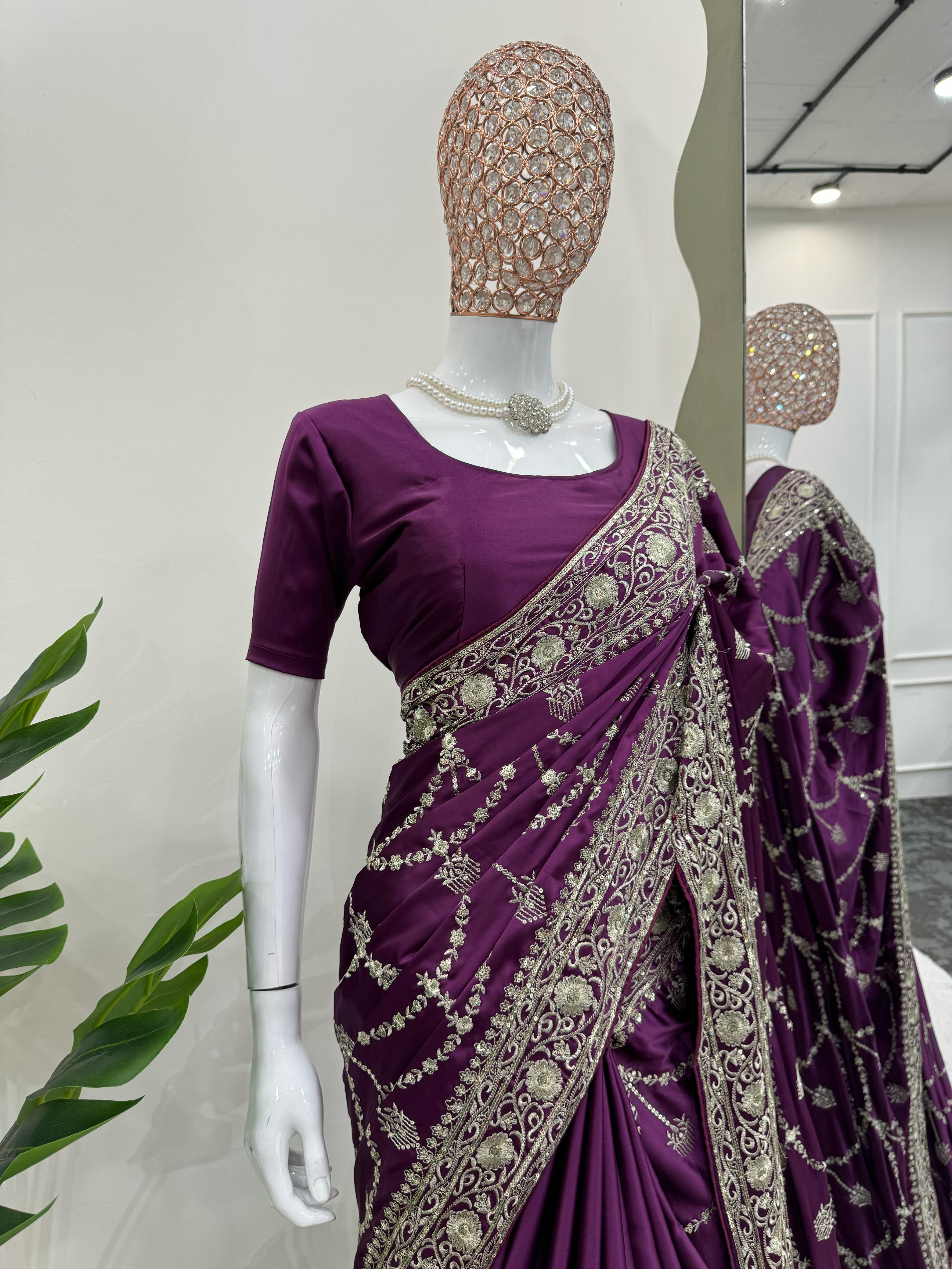 Party Wear Purple Color Japan Satin Silk Saree For Girls