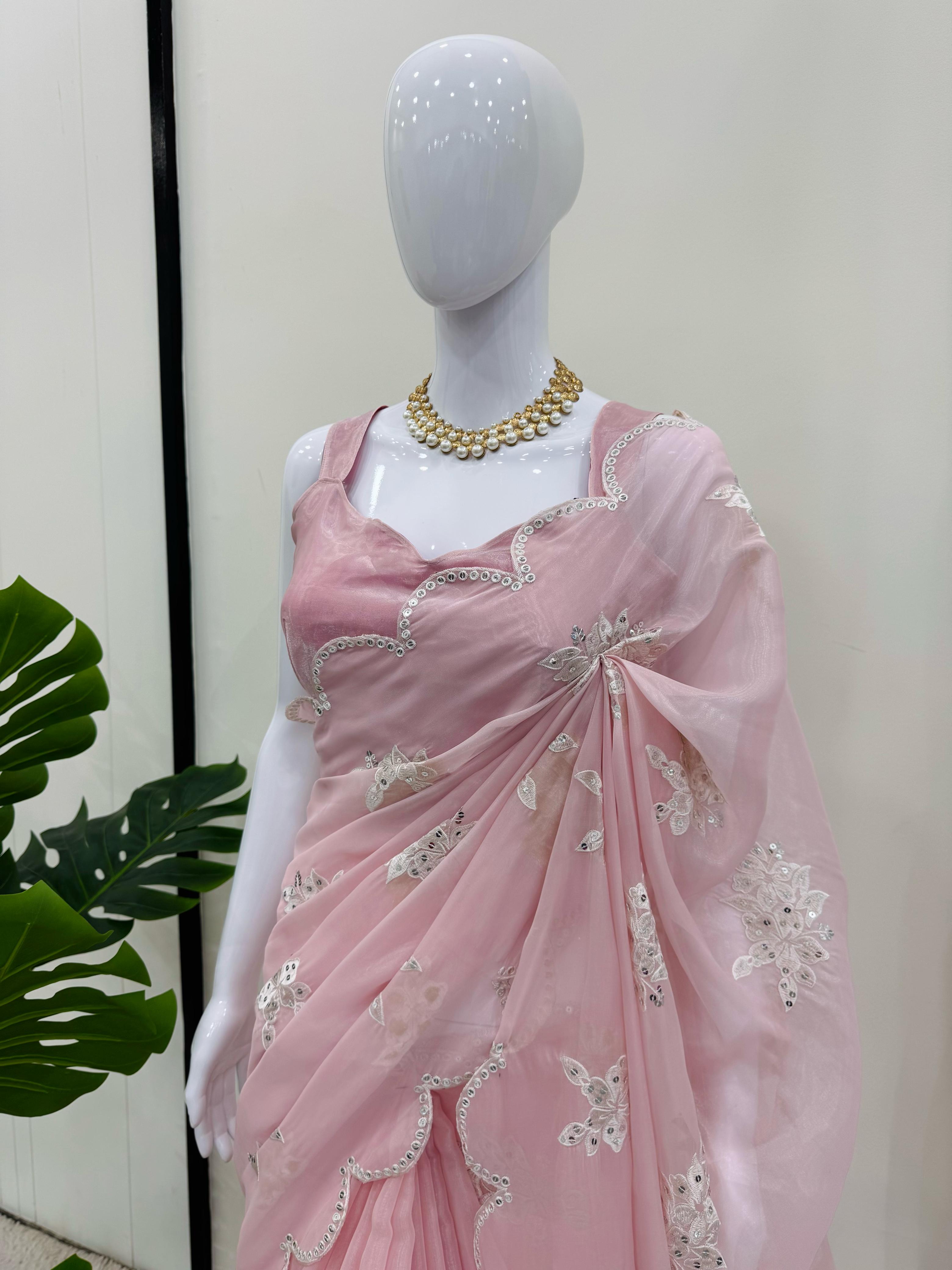 Party Wear Pink Color Havy Zimmy Chu Saree For Women