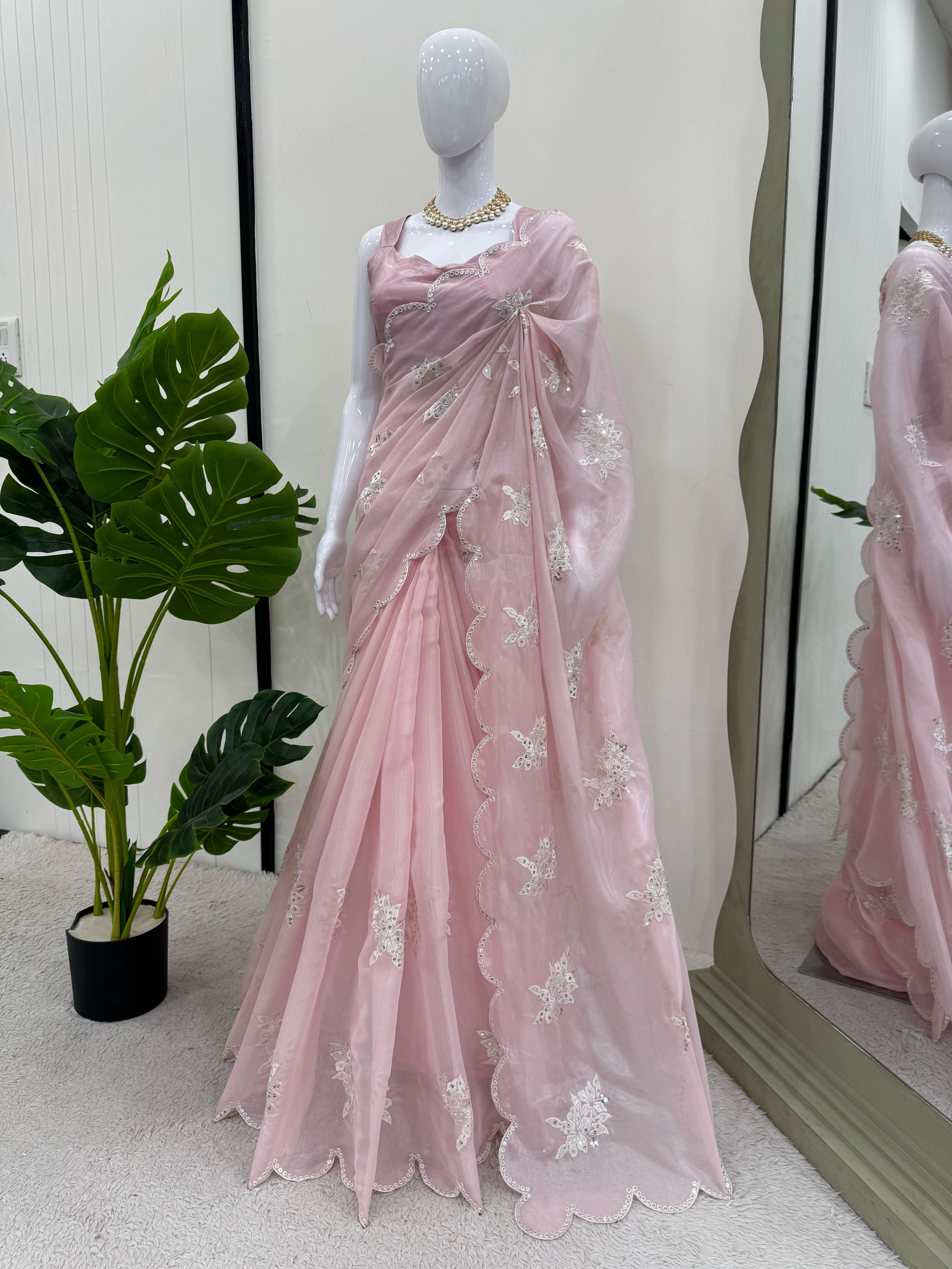Party Wear Pink Color Havy Zimmy Chu Saree For Women