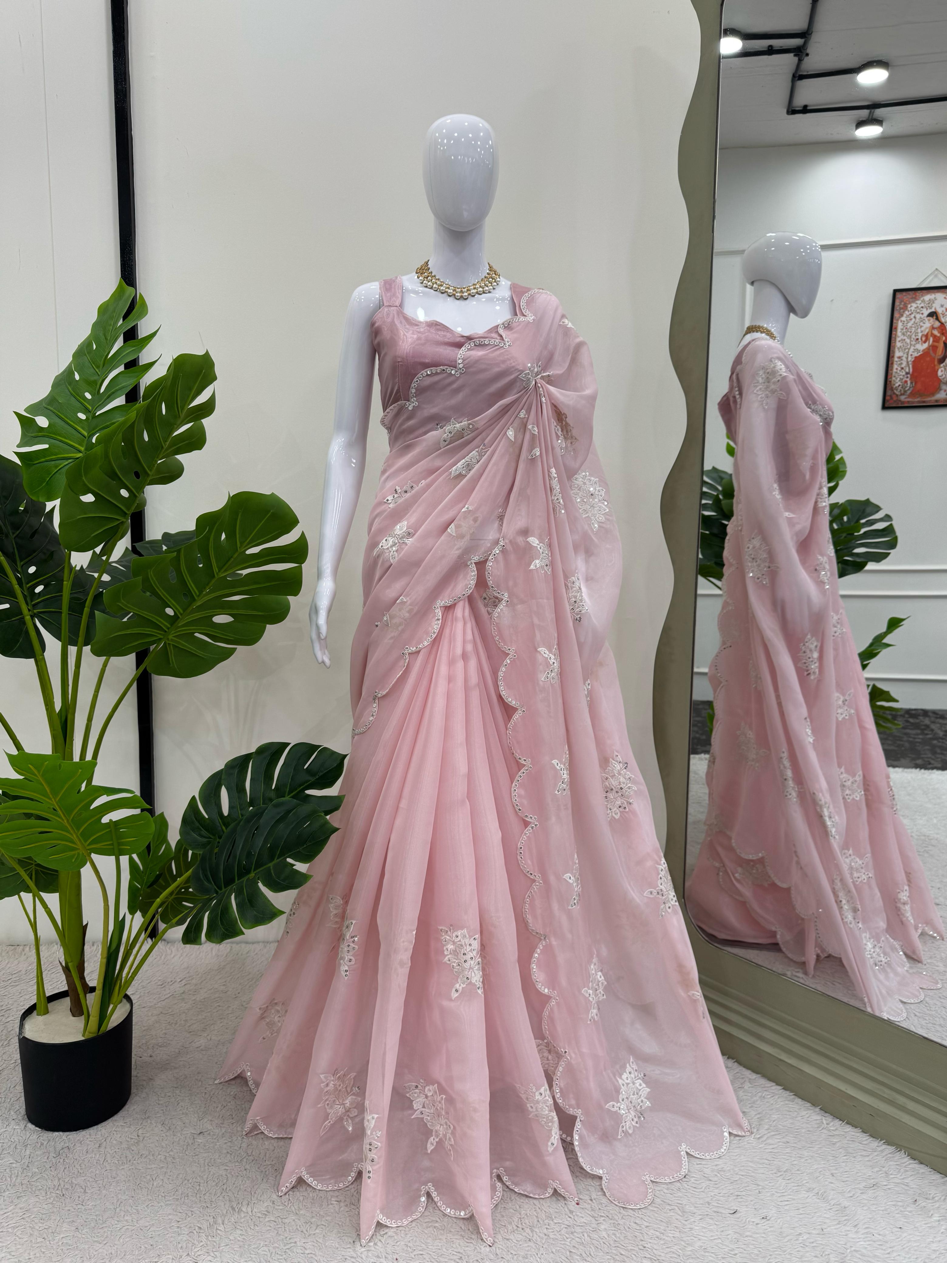 Party Wear Pink Color Havy Zimmy Chu Saree For Women