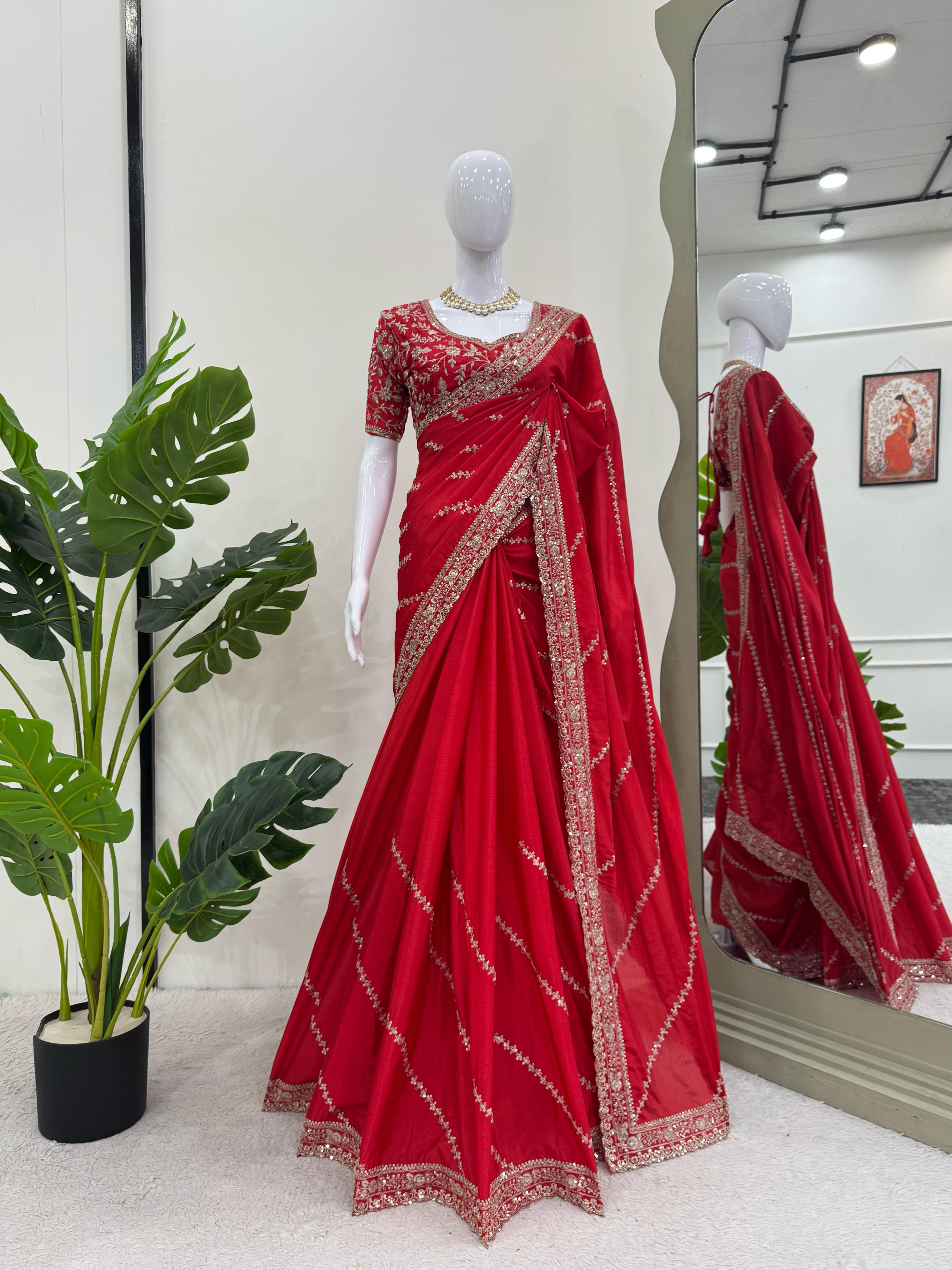 Wedding Wear Red Color Chinon Silk Saree For Women
