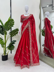 Wedding Wear Red Color Chinon Silk Saree For Women
