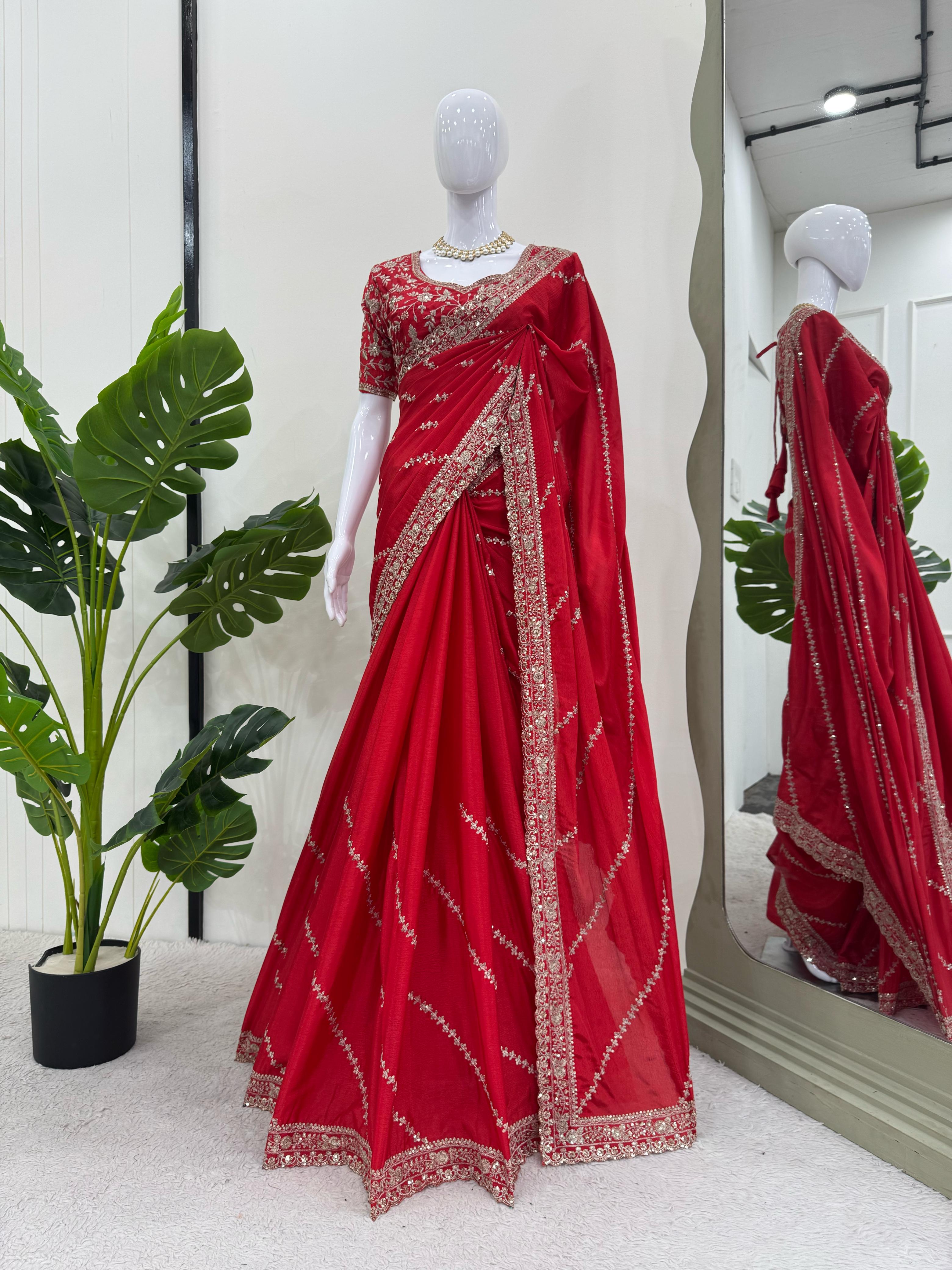 Wedding Wear Red Color Chinon Silk Saree For Women