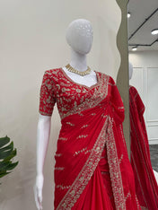 Wedding Wear Red Color Chinon Silk Saree For Women