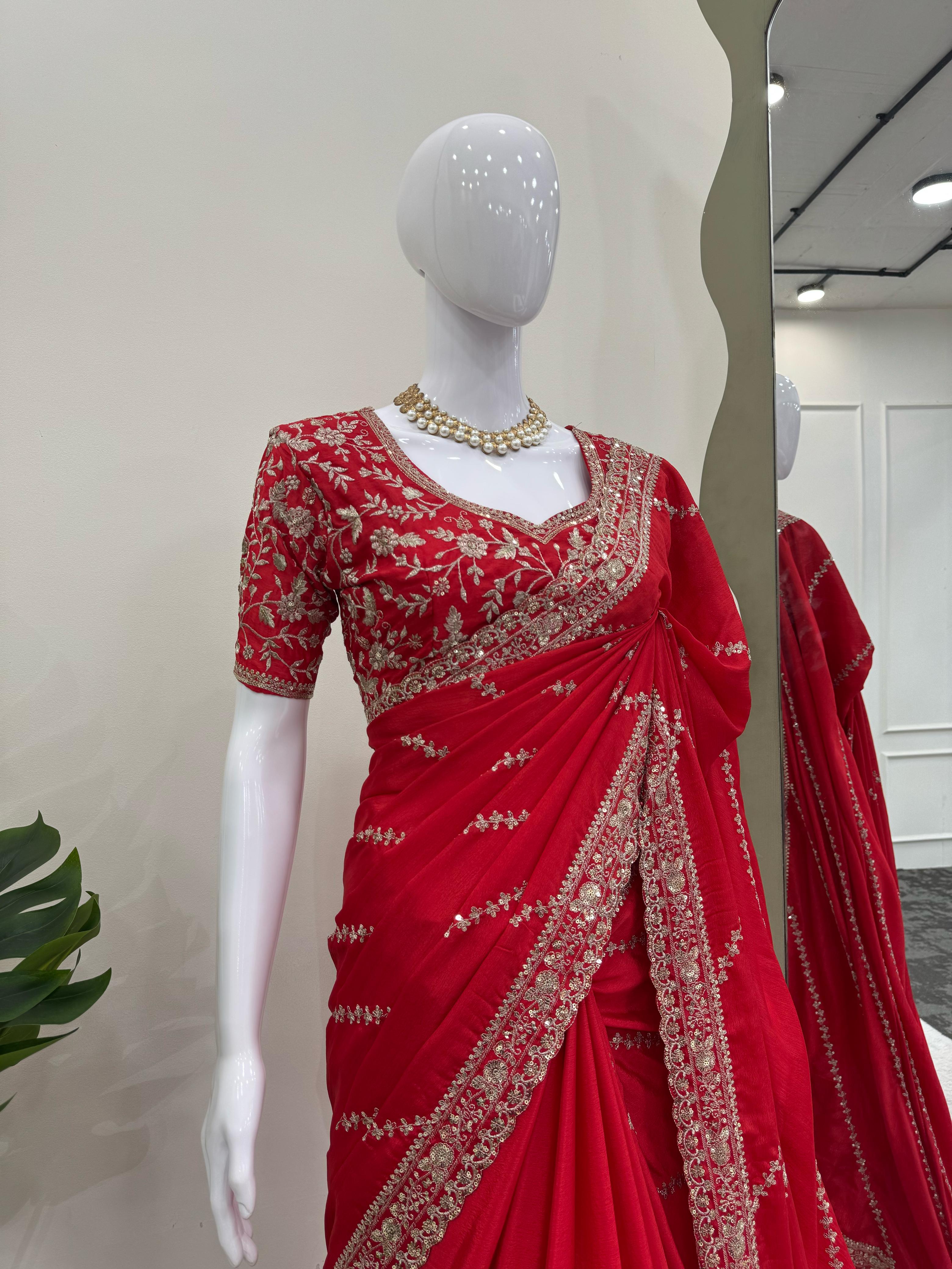 Wedding Wear Red Color Chinon Silk Saree For Women