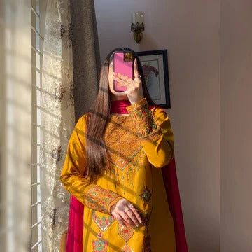 Marigold Mustard Embroidered Suit Set with Pink Dupatta