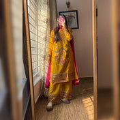 Marigold Mustard Embroidered Suit Set with Pink Dupatta