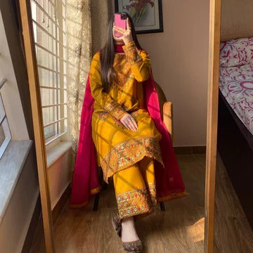 Marigold Mustard Embroidered Suit Set with Pink Dupatta