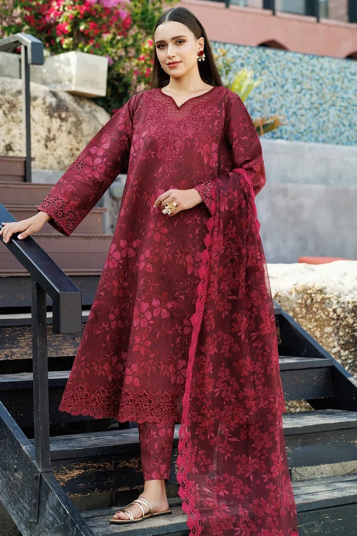 Merlot Red Floral Jacquard Embroidered Suit Set with Organza Dupatta