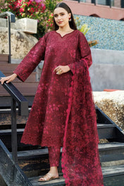 Merlot Red Floral Jacquard Embroidered Suit Set with Organza Dupatta