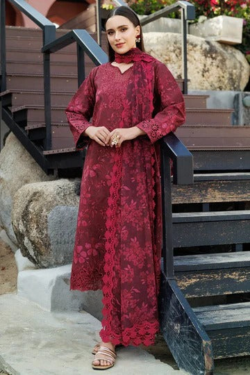Merlot Red Floral Jacquard Embroidered Suit Set with Organza Dupatta