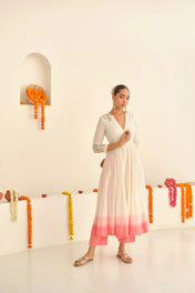 Elegant White & Pink Ombre Anarkali Kurta Set for Women