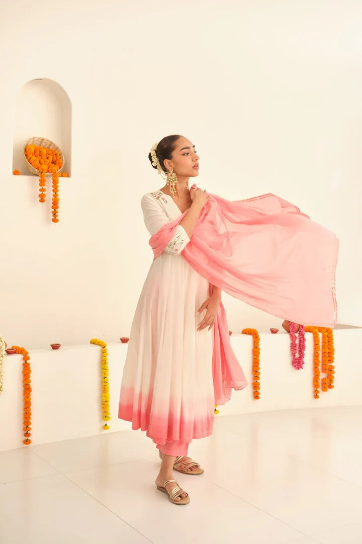Elegant White & Pink Ombre Anarkali Kurta Set for Women