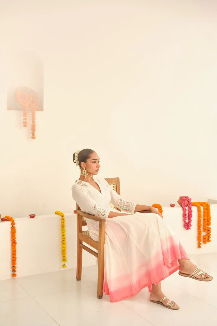 Elegant White & Pink Ombre Anarkali Kurta Set for Women