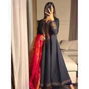 Black Kashmiri Embroidered Anarkali Suit with Contrast Dupatta
