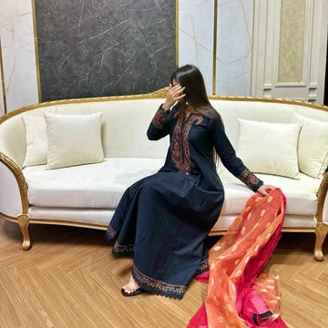 Black Kashmiri Embroidered Anarkali Suit with Contrast Dupatta