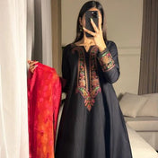 Black Kashmiri Embroidered Anarkali Suit with Contrast Dupatta