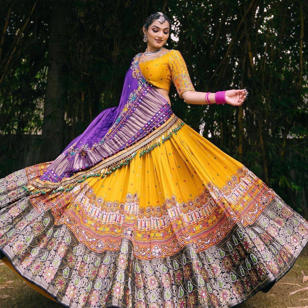 Navaratri Lehenga Choli in Yellow Silk With Colorful Work