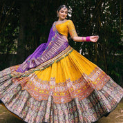 Navaratri Lehenga Choli in Yellow Silk With Colorful Work
