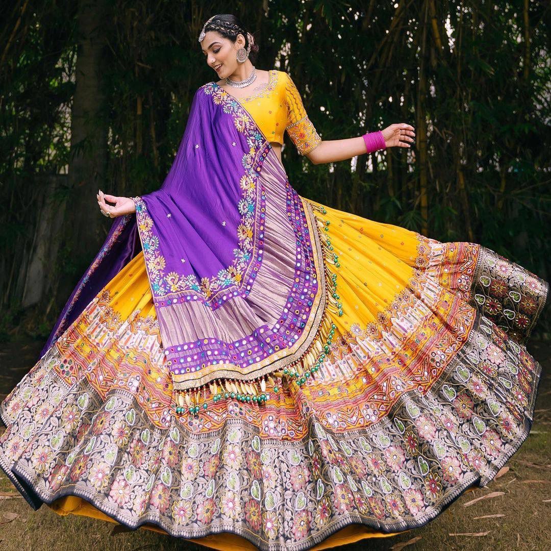 Navaratri Lehenga Choli in Yellow Silk With Colorful Work