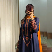 Navy Blue Embroidered Long Anarkali Suit with Mustard Dupatta