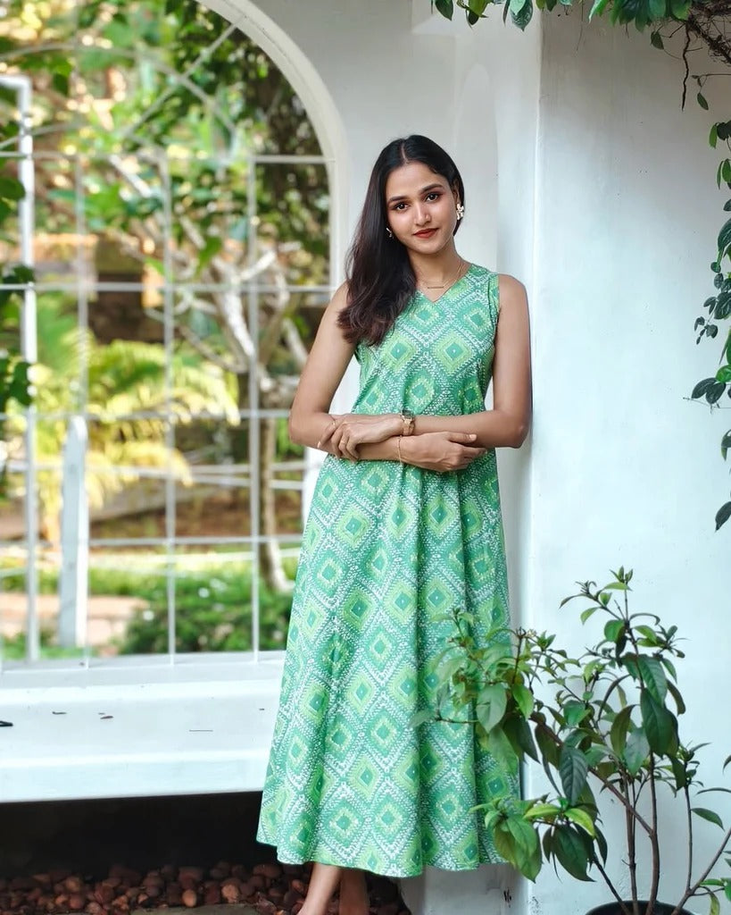 Green Printed Sleeveless Long Dress for Women