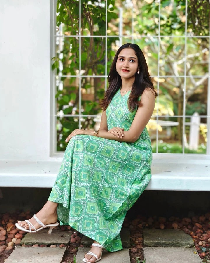 Green Printed Sleeveless Long Dress for Women