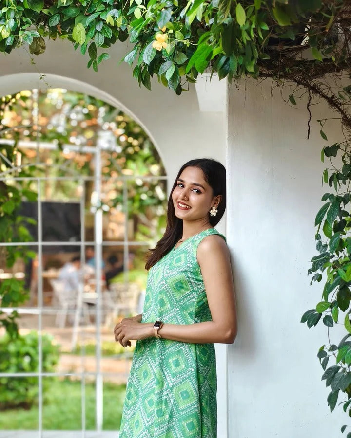 Green Printed Sleeveless Long Dress for Women