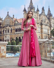 Party Wear Georgette Pink Real Mirror Work Gown