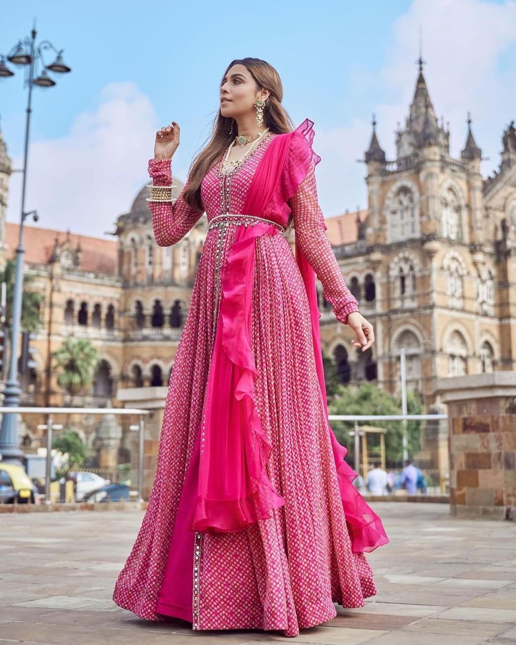 Party Wear Georgette Pink Real Mirror Work Gown