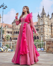 Party Wear Georgette Pink Real Mirror Work Gown