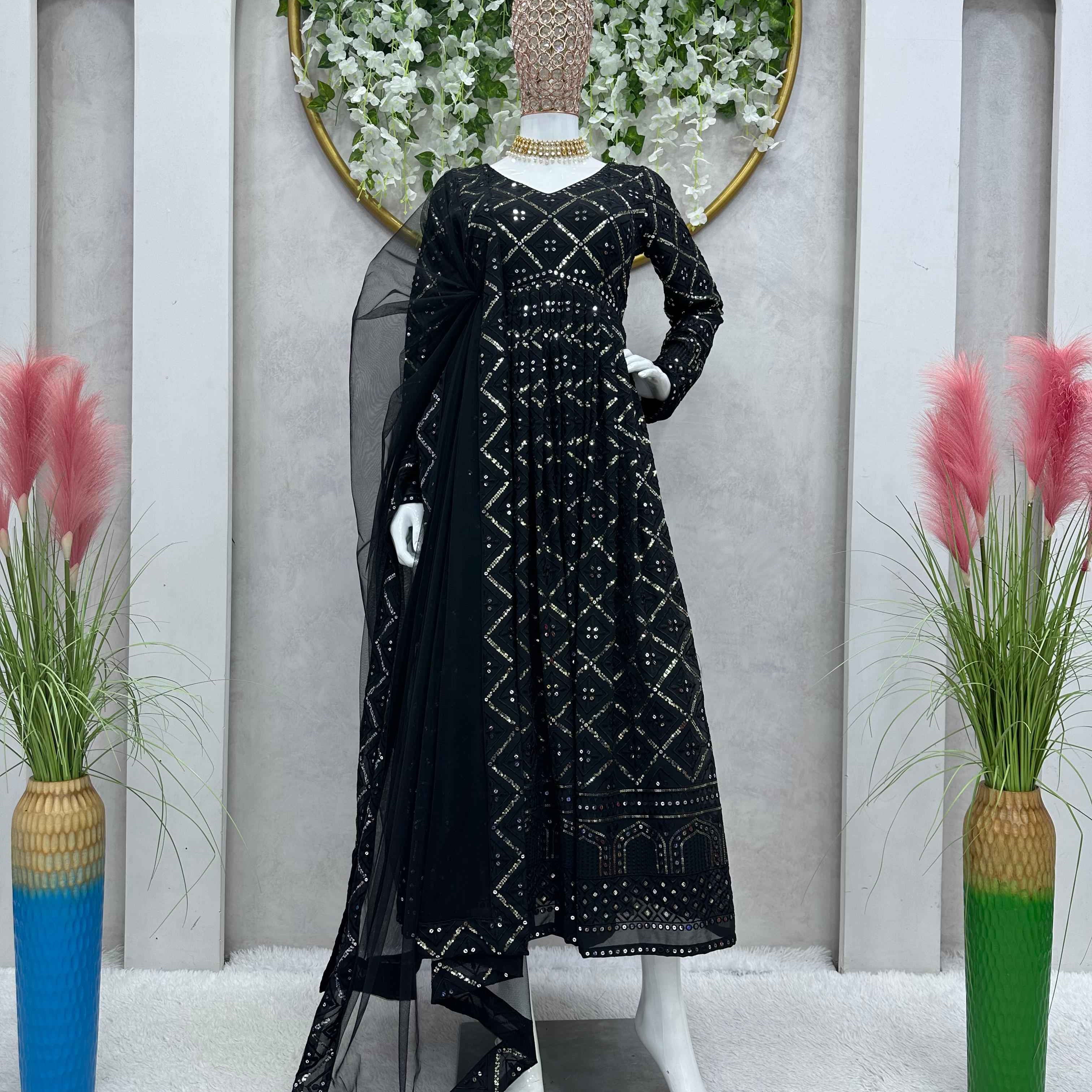 Party Wear Black Color Foux Gorgette Gown for Girls