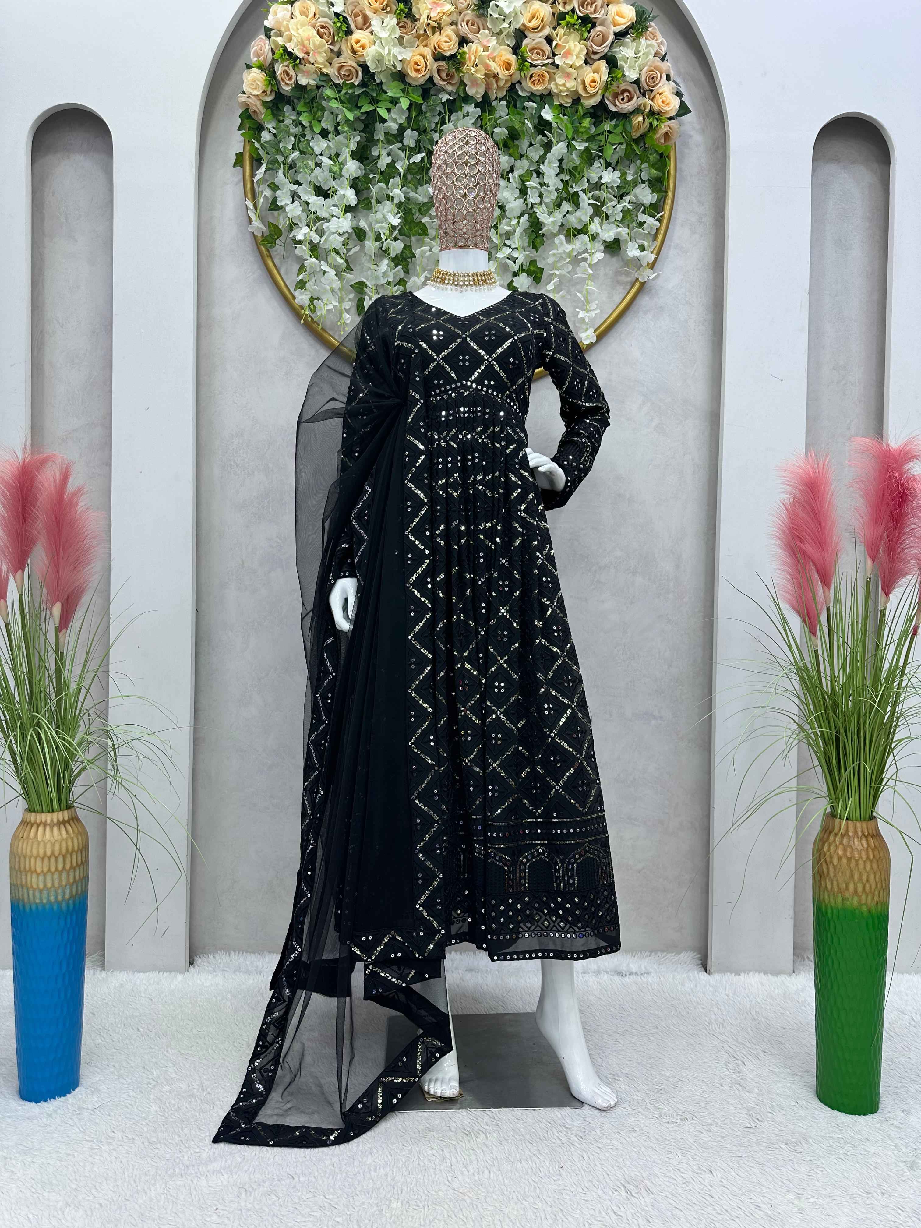 Party Wear Black Color Foux Gorgette Gown for Girls