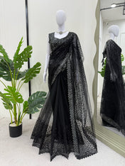 Party Wear Black Color Soft Net Saree For Girls