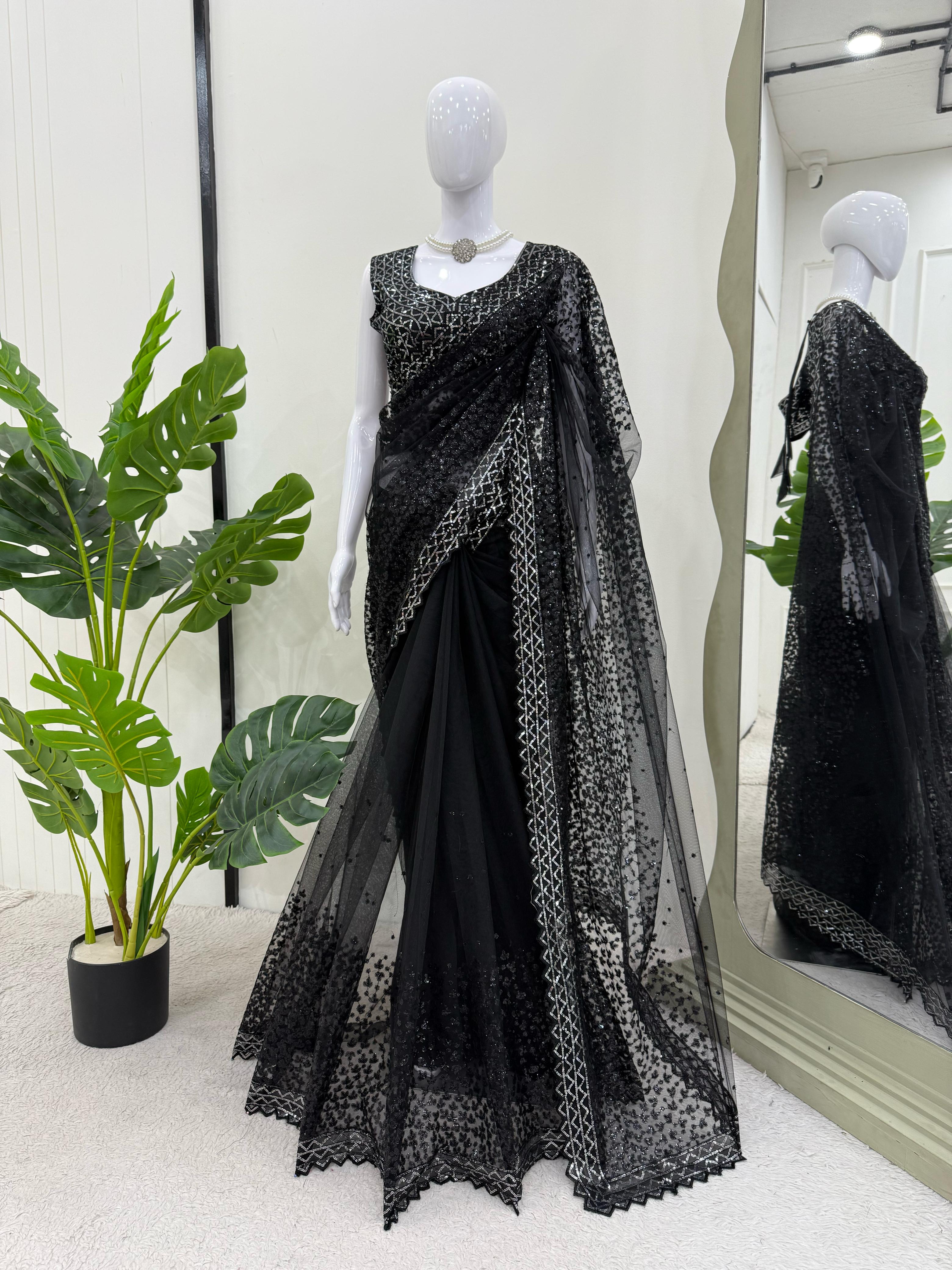 Party Wear Black Color Soft Net Saree For Girls