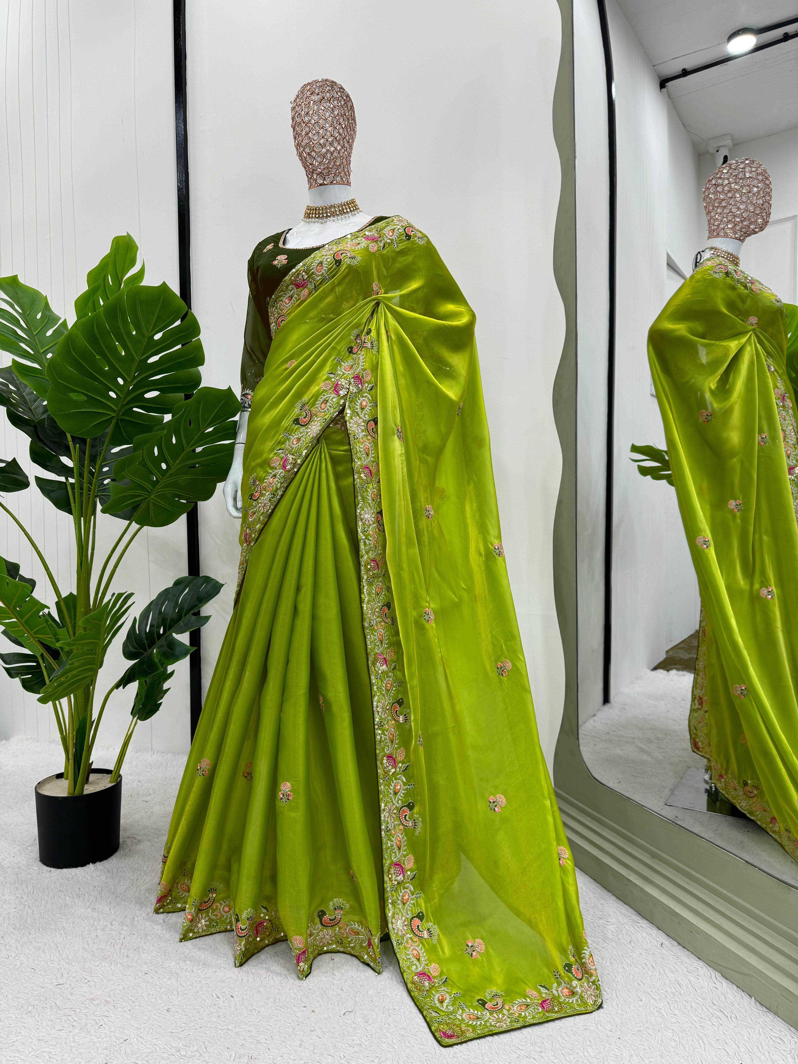Party Wear Green Color Jimmy Chu Saree For Girls