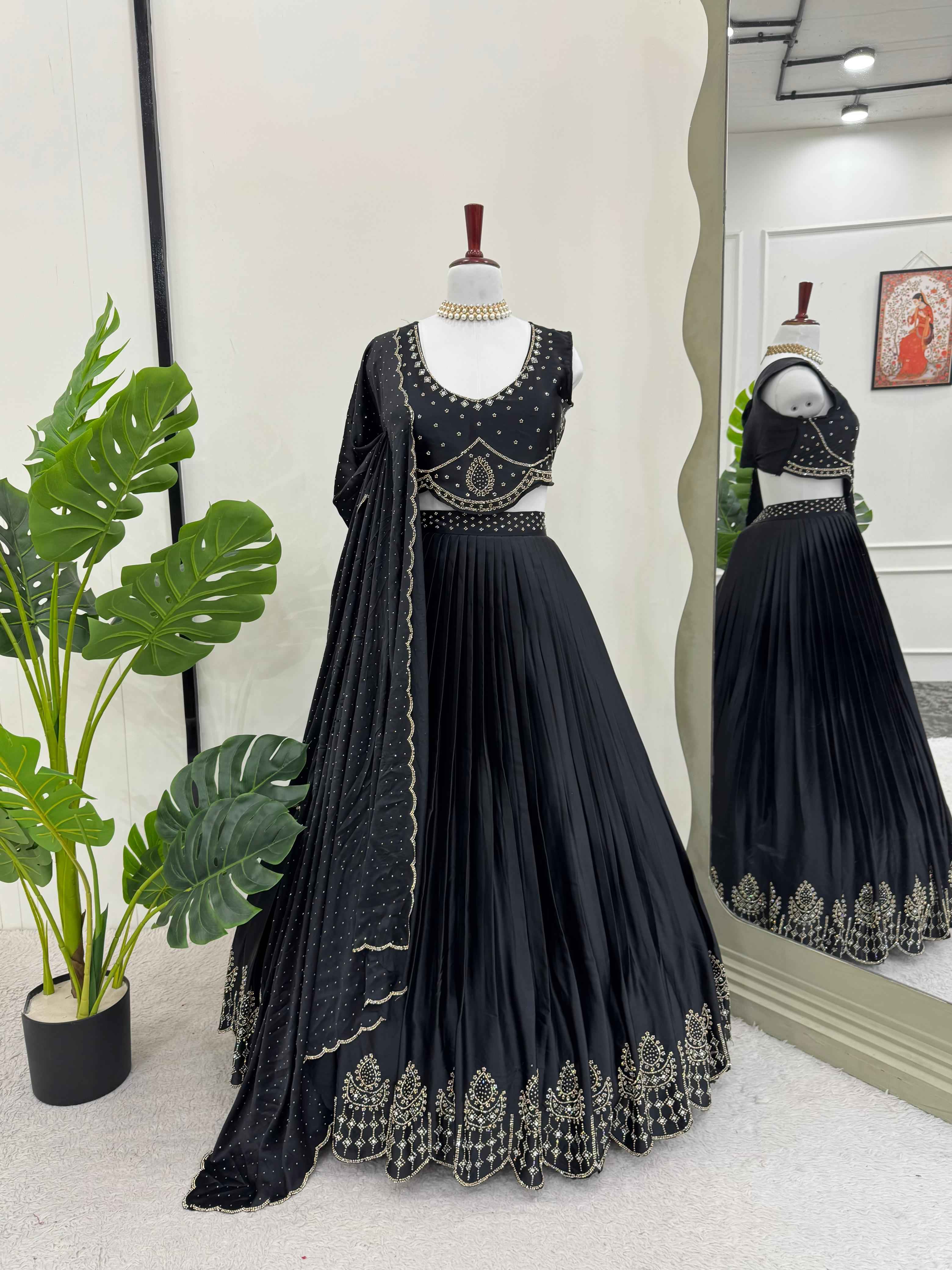 Party Wear Black Color Foux Gogette Lehenga For Women
