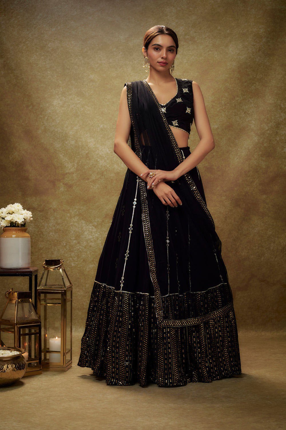 Party Wear Black Color Georgette Lehenga For Wome