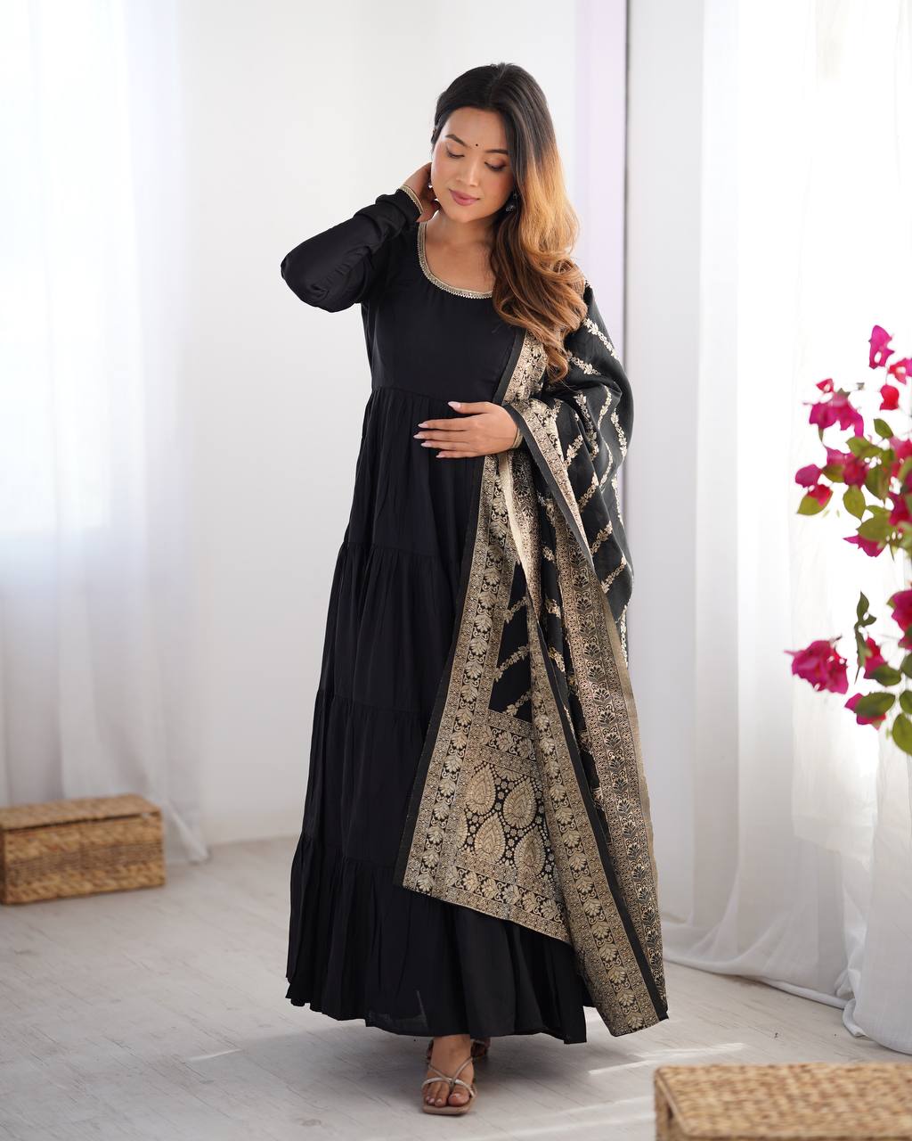 Party Wear Black Color Heavy Roman Silk Chanderi Gown For Girls