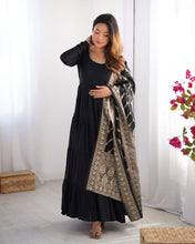Party Wear Black Color Heavy Roman Silk Chanderi Gown For Girls
