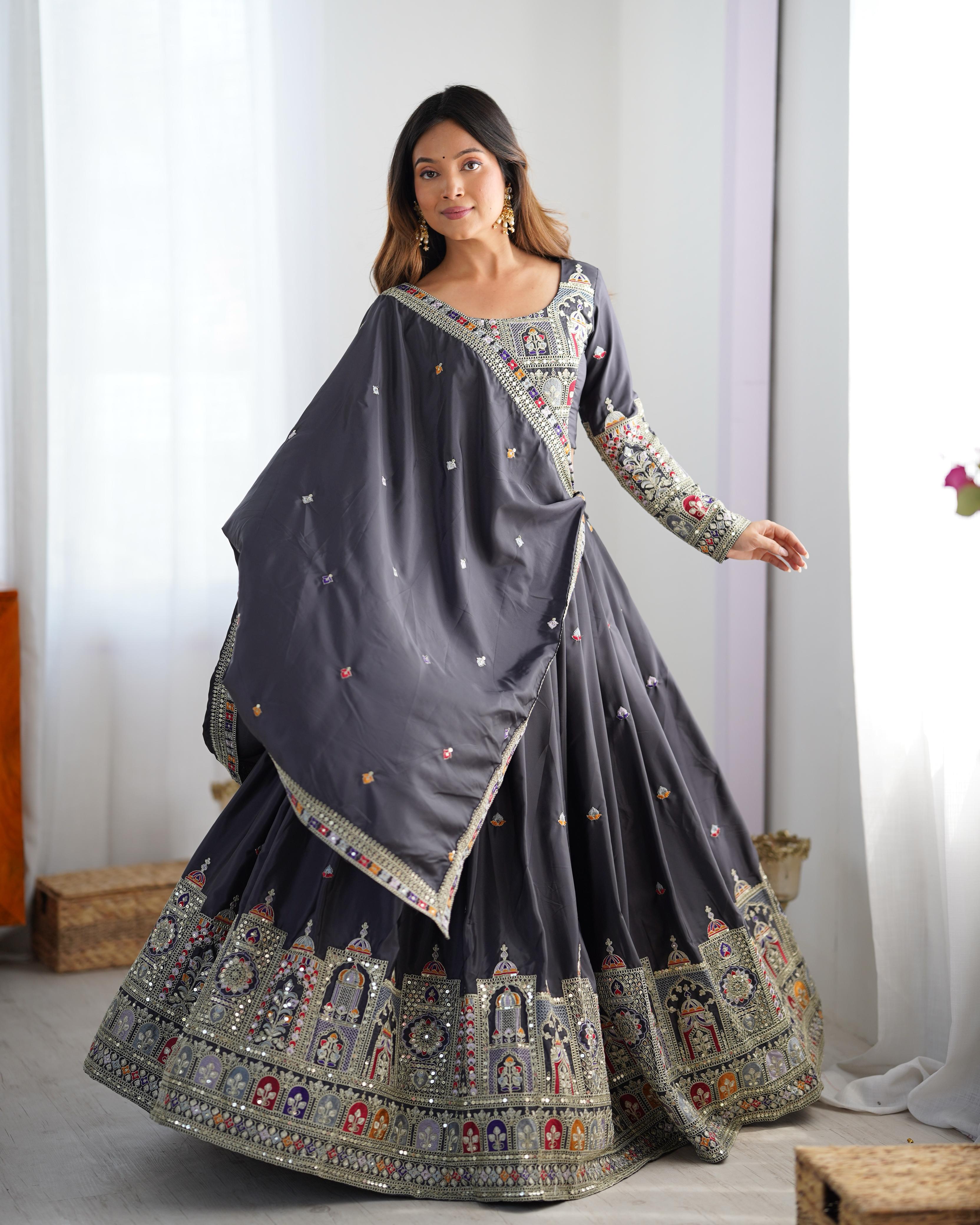 Party Wear Black Color Natural Crep Silk Lehenga For Women