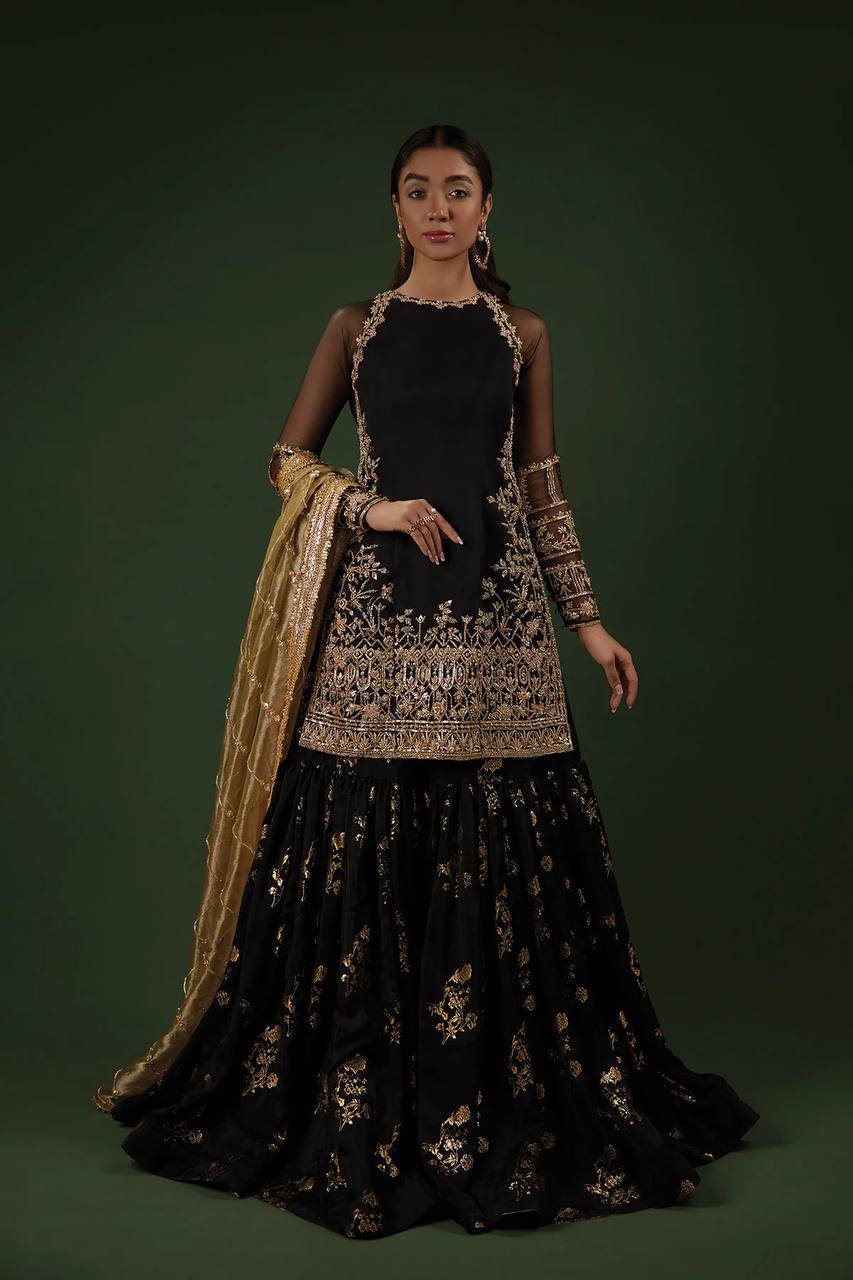 Party Wear Black Color Natural Crep Silk Sharara For Girls