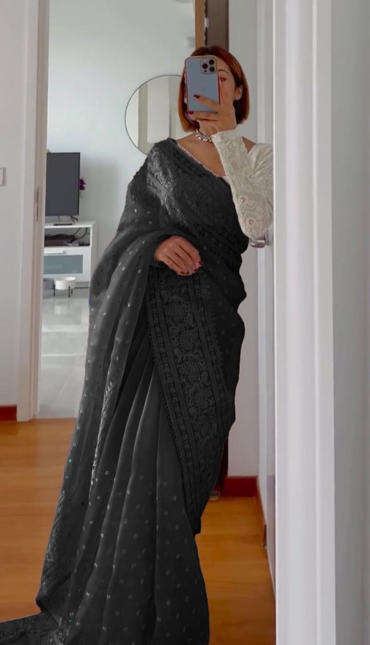 Party Wear Black Color Organza Silk Saree For Girls