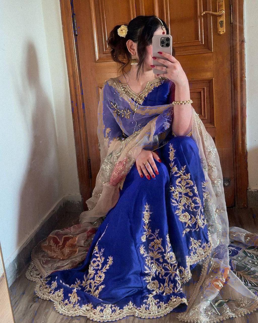 Party Wear Blue Color Chinon Silk Sharara For Girls
