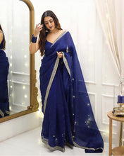 Party Wear Blue Color Havy Organza Silk Saree For Girls