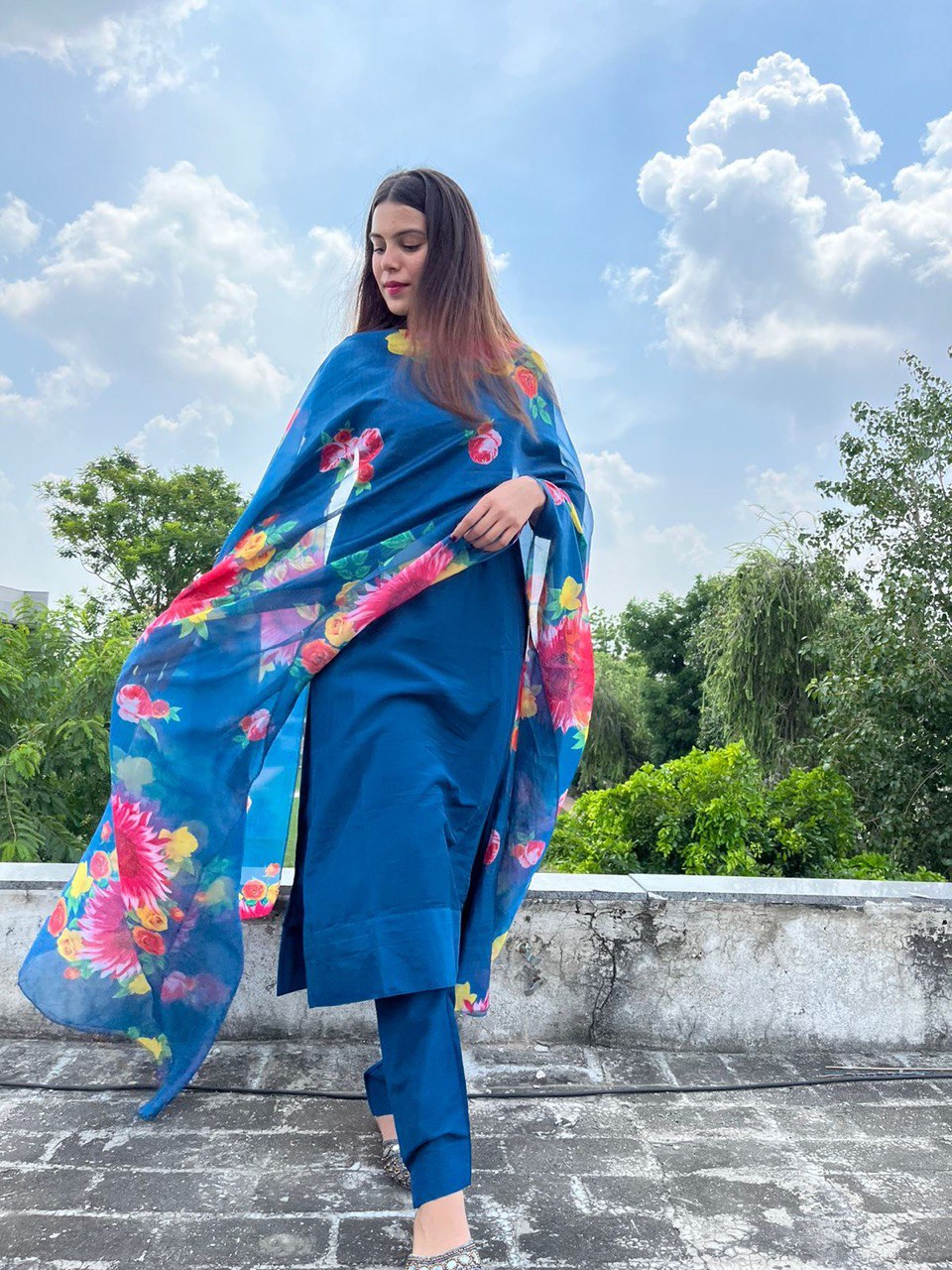 Party Wear Blue Color Heavy Pure Maska Cotton Silk Kurti For Girls