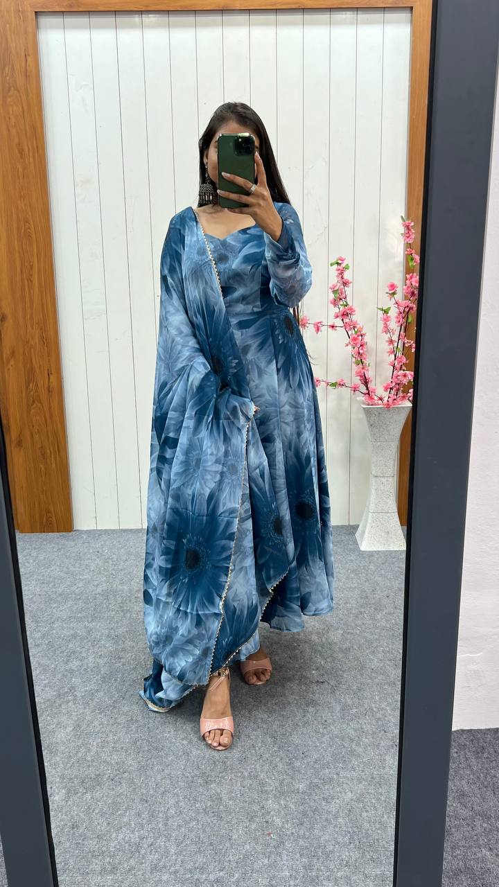 Party Wear Blue Color Pure Soft Light Weight Chiffon Gown For Girls