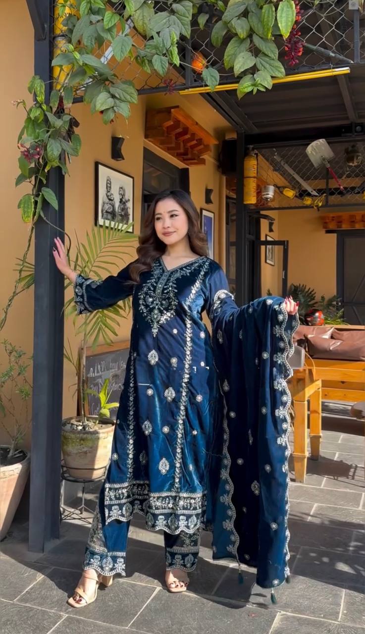 Party Wear Blue Color Viscose Velvet Kurti For Girls